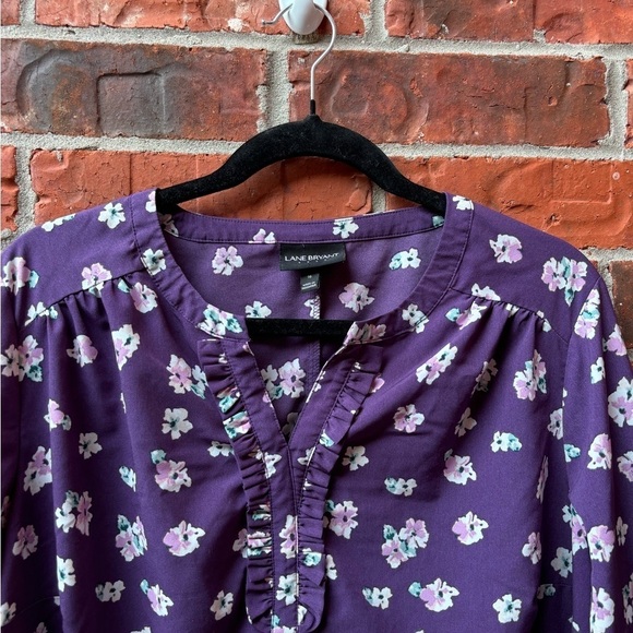 Lane Bryant 16 Purple Floral Sleeve Vneck Ruffle Long Roll Tab Career Blouse - Picture 2 of 10